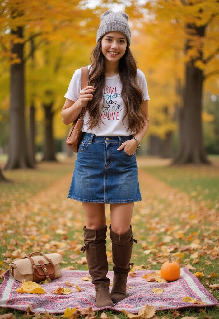 15 Casual Fall Outfits That'll Keep You Cozy and Stylish This Season! - 10. Graphic Tee & Denim Skirt