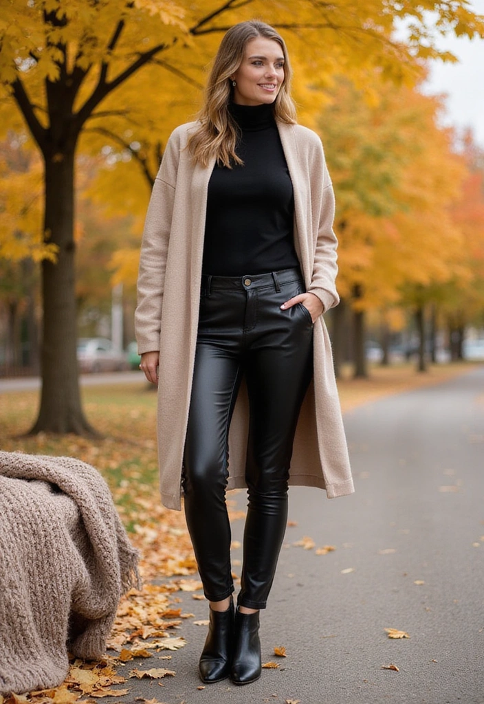 15 Casual Fall Outfits That'll Keep You Cozy and Stylish This Season! - 3. Oversized Cardigan & Faux Leather Pants